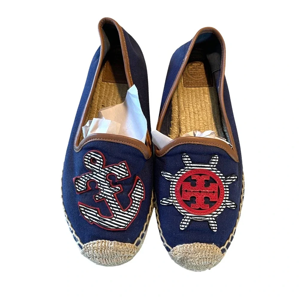 Tory Burch Espadrilles Womens 8 Navy Blue Nautical Anchor Ship Wheel Flats